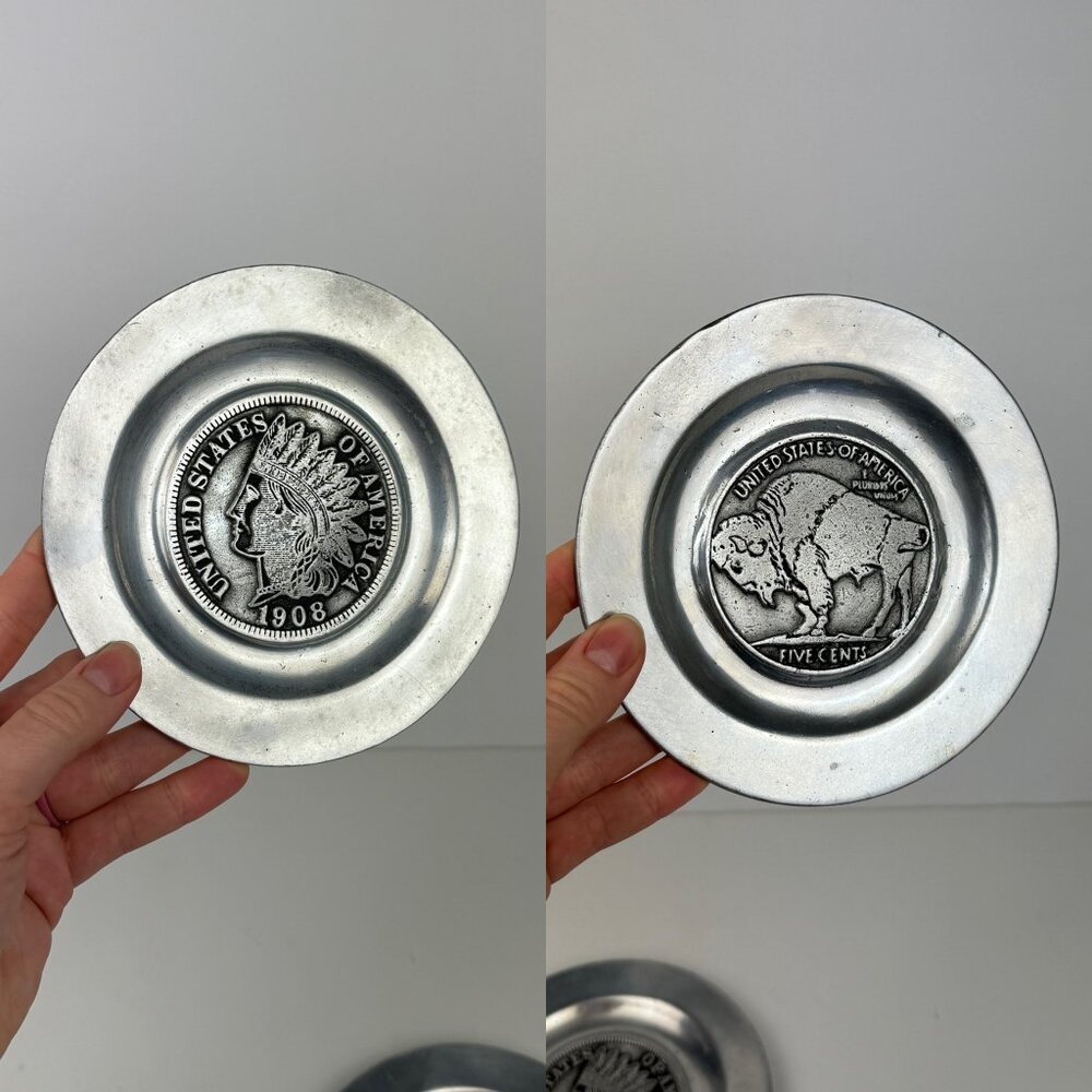 2 Vtg Pewter Pewtarex Indian Head Penny Buffalo Nickel Collectible Plates 5.75in
